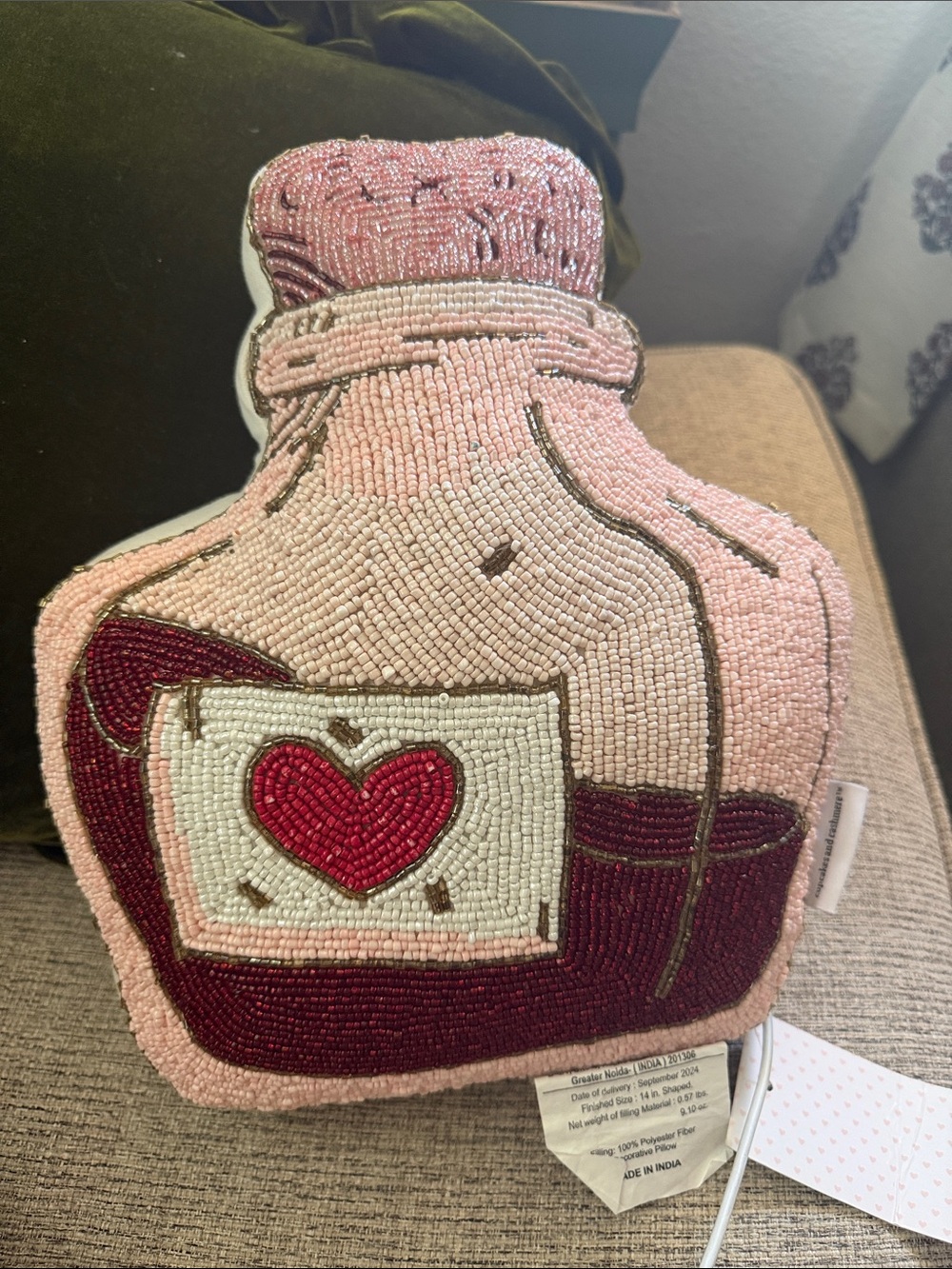 cupcakes & cashmere Pink Beaded Heart Potion Bottle Accent Pillow